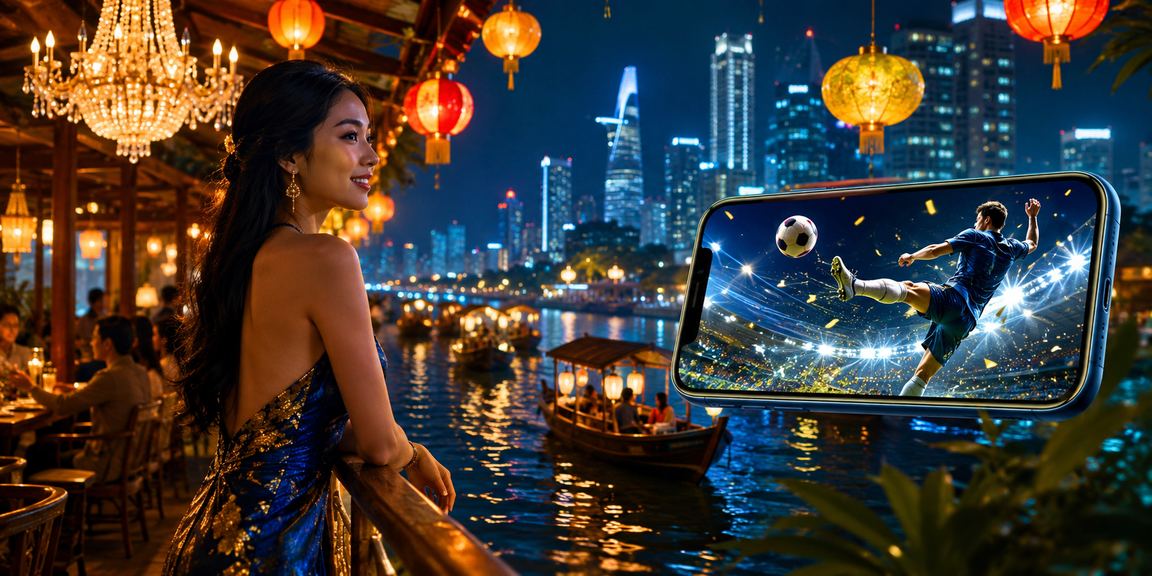 Người dùng truy cập nền tảng giải trí trực tuyến trên điện thoại tại chợ đêm vùng Mekong
